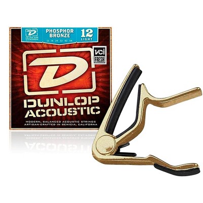 Dunlop Trigger Flat Gold Capo and Phosphor Bronze Light Acoustic Guitar Strings