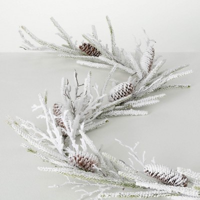 72"L Sullivans Artificial Flocked Pine Twig Christmas Garland, White, Indoor Christmas Decor