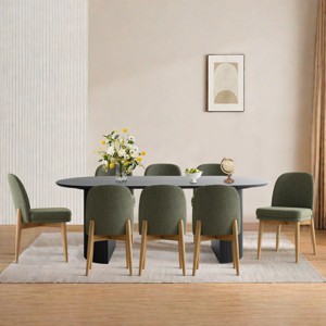 9-Piece Oval Dining Table Set, 79'' Pedestal Table with 8 Upholstered Linen Fabric Chairs, Modern Dining Room Furniture for 8-Maison Boucle - 1 of 4