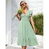 Women's Summer V Neck Short Sleeve Dress High Waist A line Dress Flowy Ruffle Shirred Swing Midi Dresses - 2 of 4