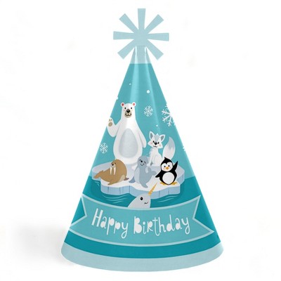 Big Dot of Happiness Arctic Polar Animals - Cone Happy Birthday Party Hats for Kids and Adults - Set of 8 (Standard Size)