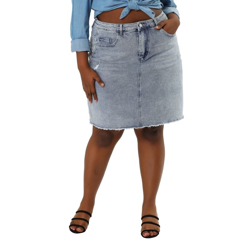 Agnes Orinda Women's Plus Size Denim Embroidered Distressed Ripped Pencil Jean Skirts, 2 of 7