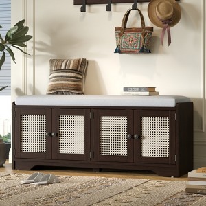 RISOKEYS Rustic Shoe Rack with Removable Cushion & Woven Rattan Doors - Multifunctional Bench,Adjustable Shelves for Hallway,Entryway - 1 of 4