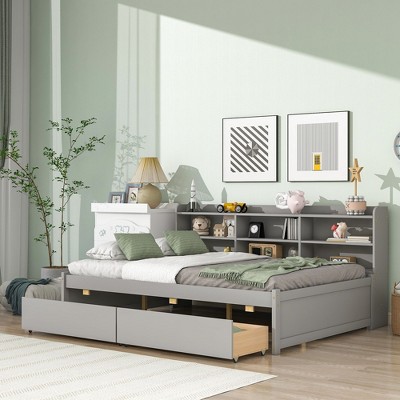 NicBex Full Size Daybed with Storage Wooden Day Bed Frame with 2 Spacious Drawers and Storage Shelves for Bedrooms