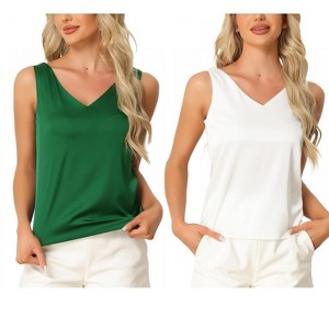 INSPIRE CHIC Women's 2 Pcs Tank Top Silky Satin Casual Basic V Neck Sleeveless Camisole - 1 of 4