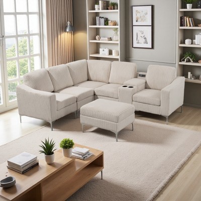 95.67" Corduroy Convertible Modular Sectional Sofa with Storage Ottoman, Console & USB Ports