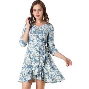 Allegra K Women's 3/4 Sleeves V Neck Ruffle Hem Floral Dress - 1 of 4