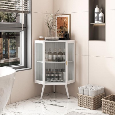 Vynxaria Modern Triangular Corner Cabinet Iron and Tempered Glass, Single Glass Door with 2-Tier Storage (Top:66LBS/Shelf:33LBS)