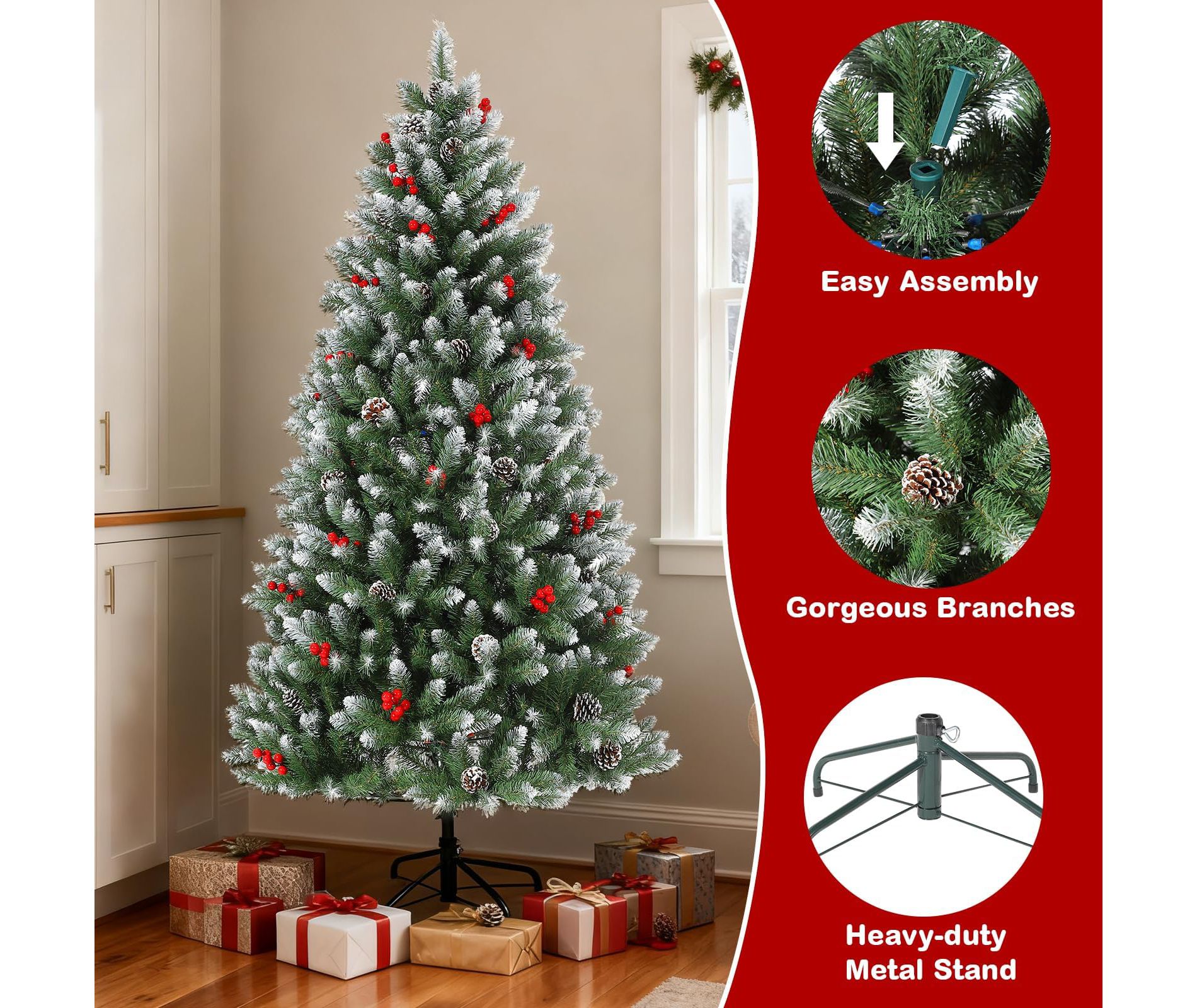 Snow-Flocked Christmas Tree with Pine Cones & Berries - Quick-Assembly Metal Stand, Indoor/Outdoor Holiday Decor