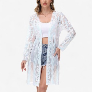 Anna-Kaci Women's Long Sequin Cardigan Open Front Sheer Duster Jacket - 1 of 4