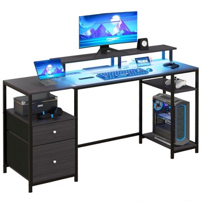 NicBex 61.2 Inch Computer Home Office Desk with LED,Charing Station,2 Drawers and Open Shelves
