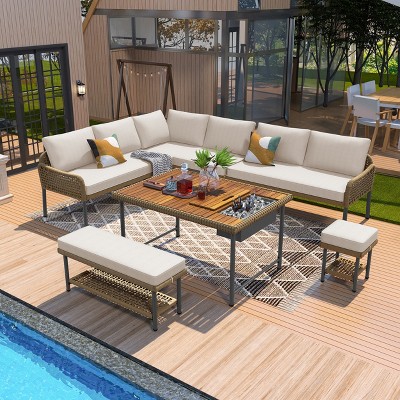 6-Piece Rope Patio Furniture Set with Acacia Wood Table and Ice Box, Outdoor L-Shaped Sectional Sofa with Thick Cushions, Beige/Gray - ModernLuxe