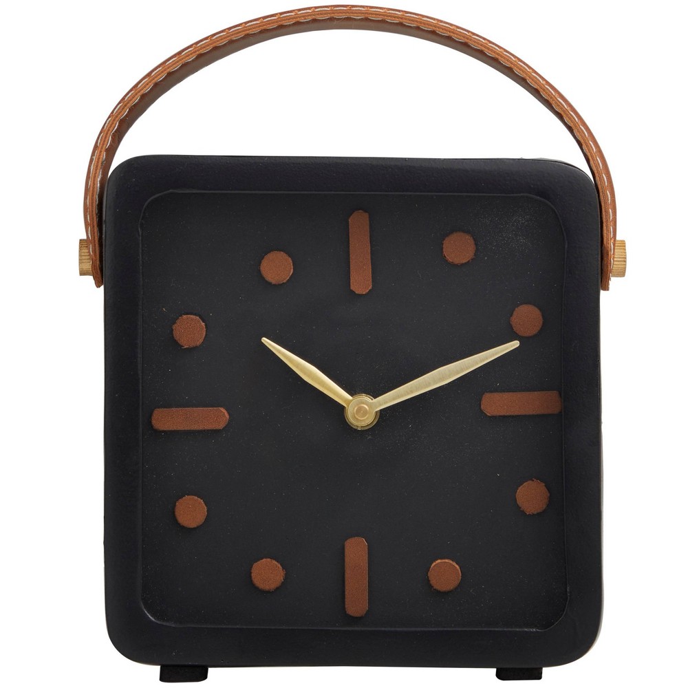 Photos - Wall Clock 8"x7" Metal Small Clock with Leather Handle and Hour Markers Black - Olivi