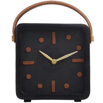 Metal Small Clock with Leather Handle and Hour Markers Black - Olivia & May