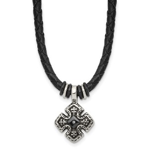 Chisel Stainless Steel Polished Black IP-plated with Cubic Zirconia Black Leather 21" Necklace - 1 of 4