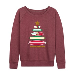 Women's - Instant Message - Sea Suns Geetings Surfboard Tree Christmas Lightweight French Terry Wide Neck Long Sleeve Shirt - 1 of 4