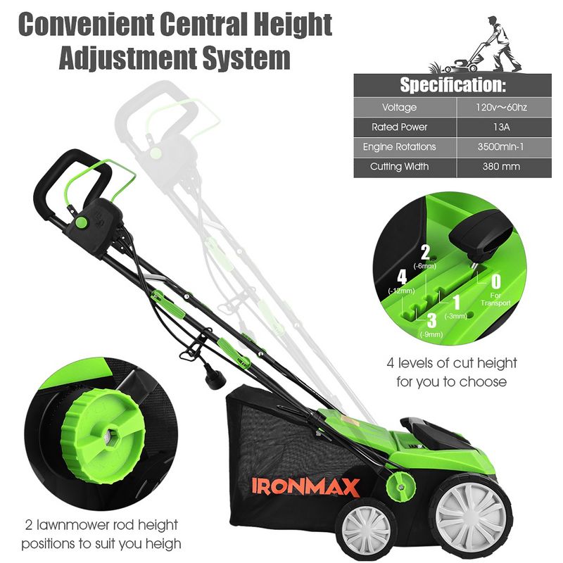 IronMax 13Amp Corded Scarifier 15'' Electric Lawn Dethatcher w/50L Collection Bag, 5 of 11