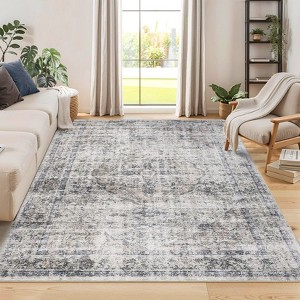 Washable Living Room Rug 9 x 12 Large Vintage Distressed Area Rug with Non-Slip Backing Stain-Resistant Oriental Floor Cover Foldable Carpet - 1 of 4