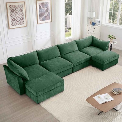 U-Shaped Sectional Sofa with Ottomans, Modular 4-Seater Couch with Hidden Storage and Pull-Out Drawers, Sofa with Fabric Cushion-Cuddlewood