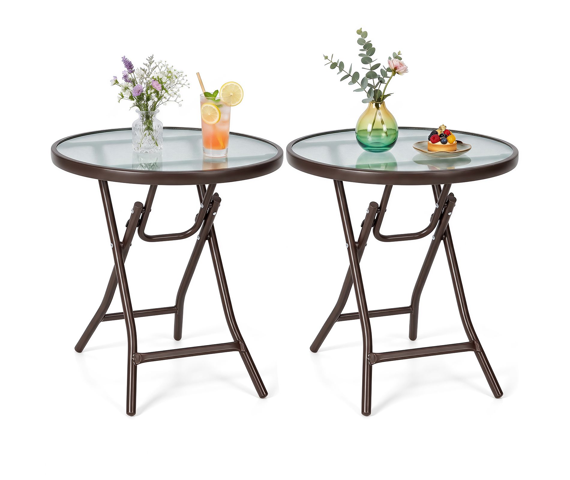 Costway 2 PCS Patio Side Coffee Table, 18" Round Bistro Table with Tempered Glass Tabletop Brown