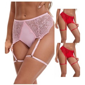 INSPIRE CHIC Women's 3 Pcs Perspective Lace Hipsters Hollow Out Panties with Adjustable Garters - 1 of 4