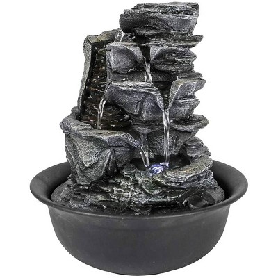 11.8" Tiered Rock Tabletop Fountain with LED Lights - Gray - Watnature