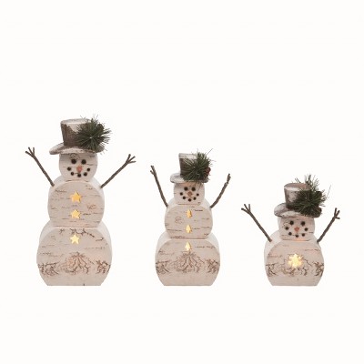 Transpac Resin White Christmas Light Up Birch Snowman Figurines Set of 3