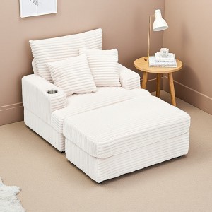 39" Corduroy Spring Upholstered Armchair with Ottoman and Cup Holder - 1 of 4