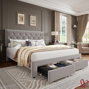 Full Size /King Size Bed Frame with 2 Storage Drawers Vintage Velvet Headboard Bedframe with upholstered Platform No Box Spring Needed - 1 of 4