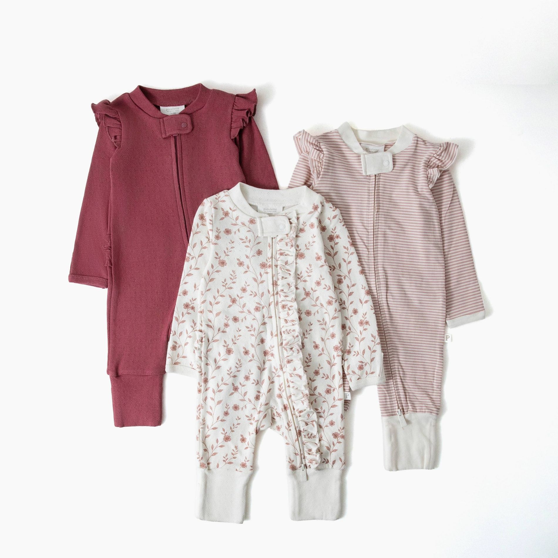 Picolette by Olivia Culpo Baby Girls' 3pk Long Sleeve Pajama Romper fold over footie cuff - Pink/white