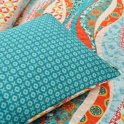 Hailey Turquoise and Orange Reversible Cotton King Quilt Set