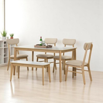 6-Piece Dining Table Set with Bench and 4 Upholstered Chairs, 60" Rectangular Rubberwood Table with PU Leather Seats, Room Furniture for 6