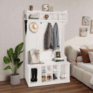 Hall Tree with Bench & Shoe Storage, Coat Rack with 8 Shoe Cubbies & 6 Coat Hooks, Farmhouse Wooden Style Entryway Furniture with Top Shelf, White - 1 of 4