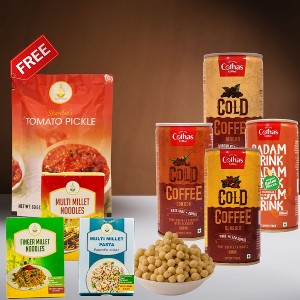 Shastha Combo – 3 Millet Noodles [ Multi / Ragi / Millet Pasta ] + Seedai + 5 Cold Coffee (Bon Bon/ Mocha/ Classic/ Badam-2) + Free 60g Pickle Pkt - 1 of 4