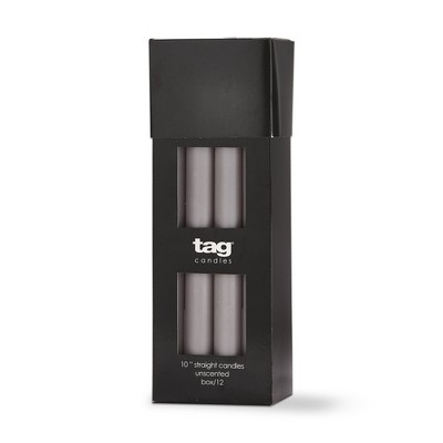 TAG Color Studio 10" Straight Taper Unscented Smokeless Paraffin Wax Candle Grey, Burn Time 10 hrs. Set 12