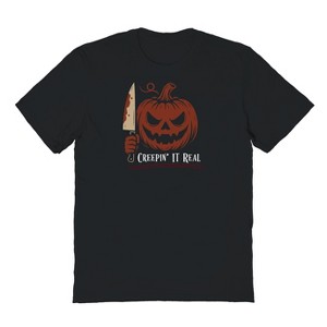 Rerun Island Men Creepin It Real Bloody Knife Pumpkin Short Sleeve Graphic Cotton T-Shirt - 1 of 4
