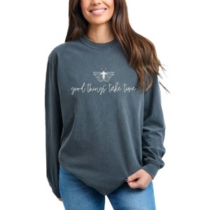 Simply Sage Market Good Things Take Time Butterfly Garment Dyed Long Sleeve - 1 of 4