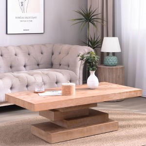 47" Modern Rustic Coffee Table, Farmhouse Rectangular Wood Center Table with Block Pedestal Base, Living Room Furniture - 1 of 4