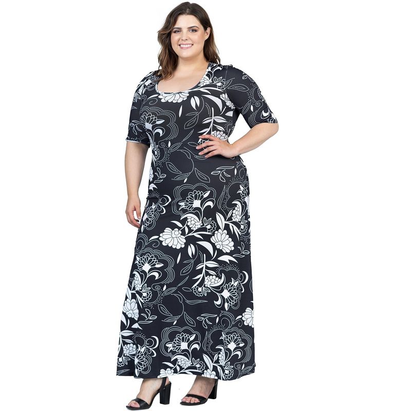 24seven Comfort Apparel Plus Size  Black and White Elbow Sleeve Casual A Line Maxi Dress, 2 of 7