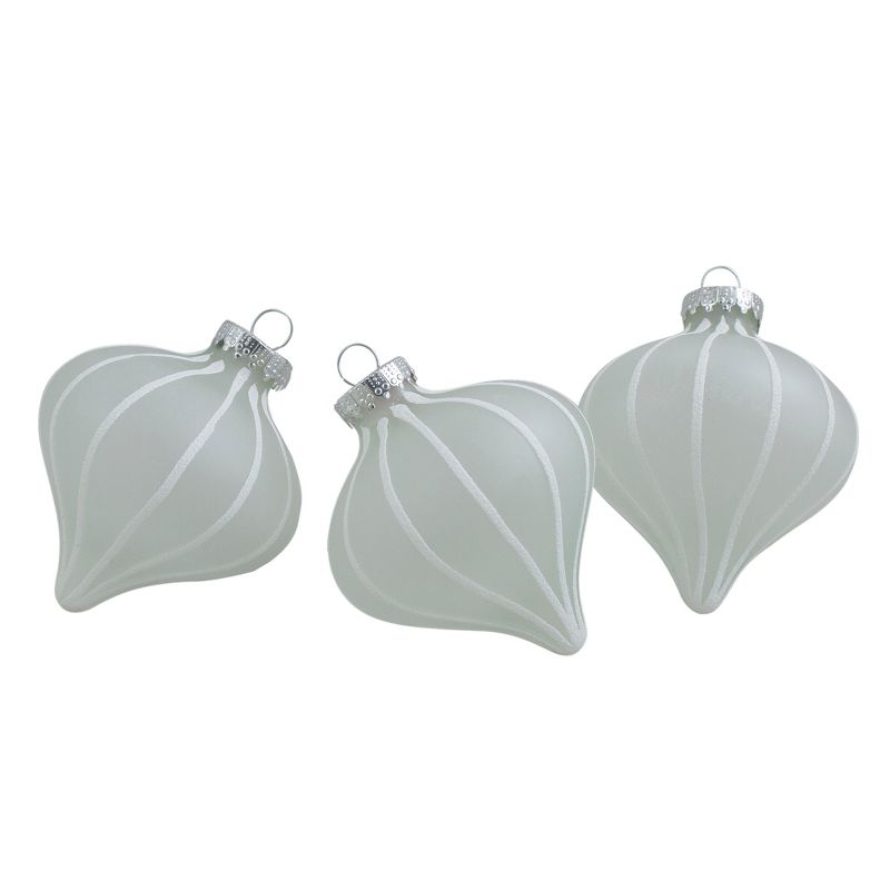 Northlight 3ct Clear and White Matte Frosted Glitter Stripes Glass Christmas Onion Drop Ornaments 3.25" (75mm), 1 of 4