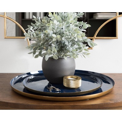 Navy Blue and Gold Round Metal Tray Set, 2 Piece