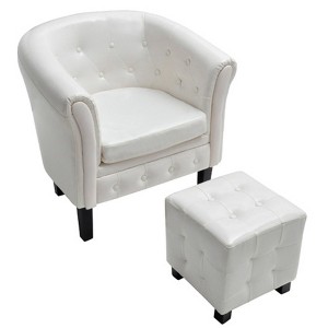 vidaXL Tub Chair and Footstool Set - White Faux Leather Upholstery - Ornate Details - Sturdy Wooden Frame - Comfortably Padded Seat - 1 of 3