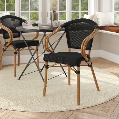 Black and Natural Bamboo Print Aluminum Outdoor Dining Chair with Arms