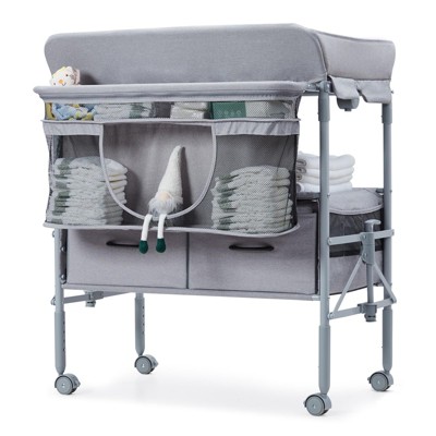 Image of Portable Baby Changing Table, Foldable Changing Station with Waterproof Pad, Adjustable Height Diaper Station with 2 Drawers
