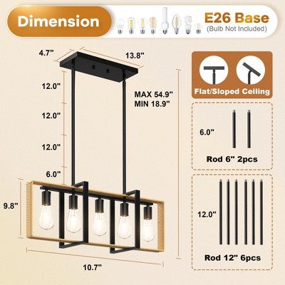 Black Metal and Rattan 5-Light Adjustable Kitchen Island Pendant Chandelier