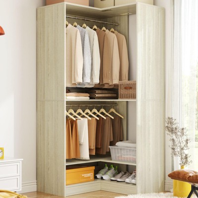Aheaplus Corner Closet System with Upper & Lower Hanging Areas, Corner Wardrobe Organizer with Shoe Shelf