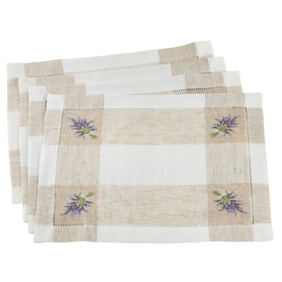 Saro Lifestyle Embroidered Lavender Hemstitch Placemat (Set of 4 pcs), Ivory