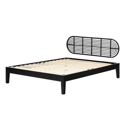Black Queen Bed with Rattan Headboard and Wood Frame
