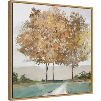Golden Forest Shimmer Landscape Canvas Print with Maple Frame