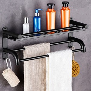 Racxily 2 Tier Wall Mounted Towel Rack, Bar Rail Towel Holder Hanger, Bathroom Toiletries Storage Shelf with Nail Free Stickers, Black - 1 of 4